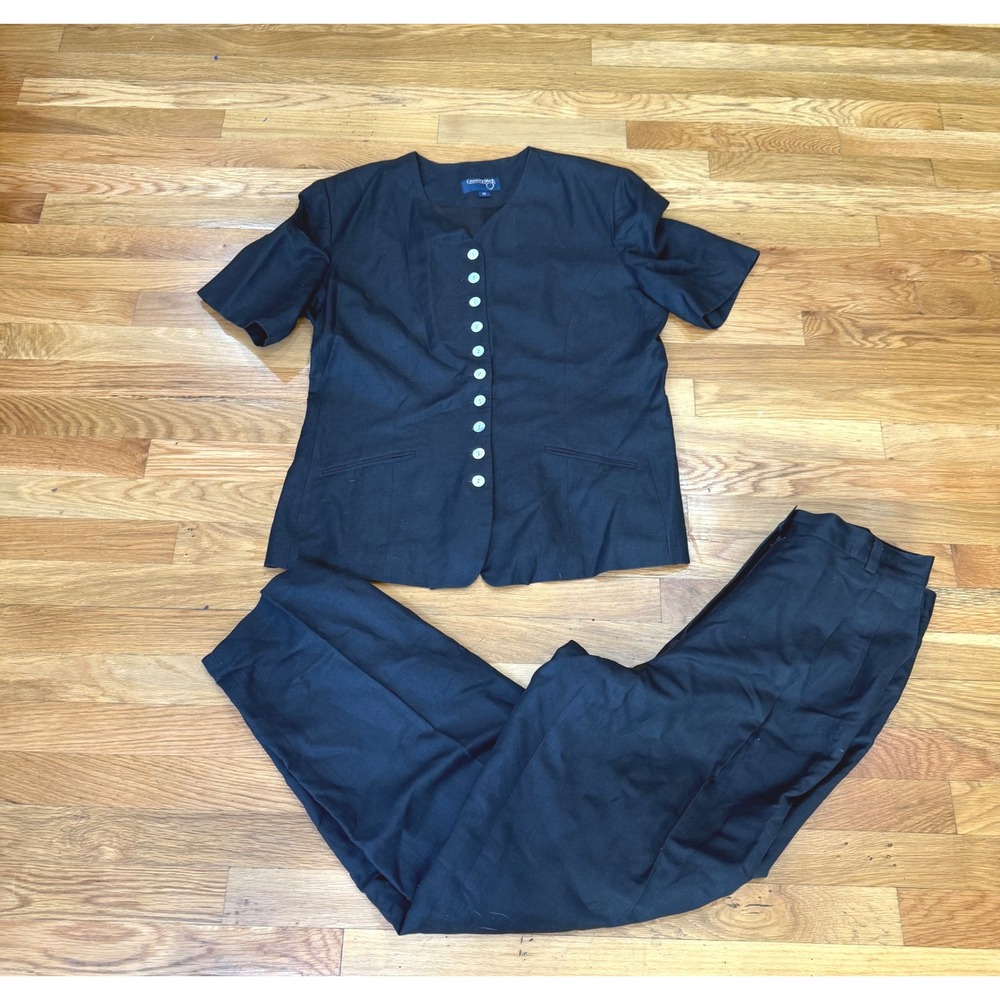 Country Shop Vintage Linen Blend 2 Piece Pant Suit Set Black Womens Sz 12